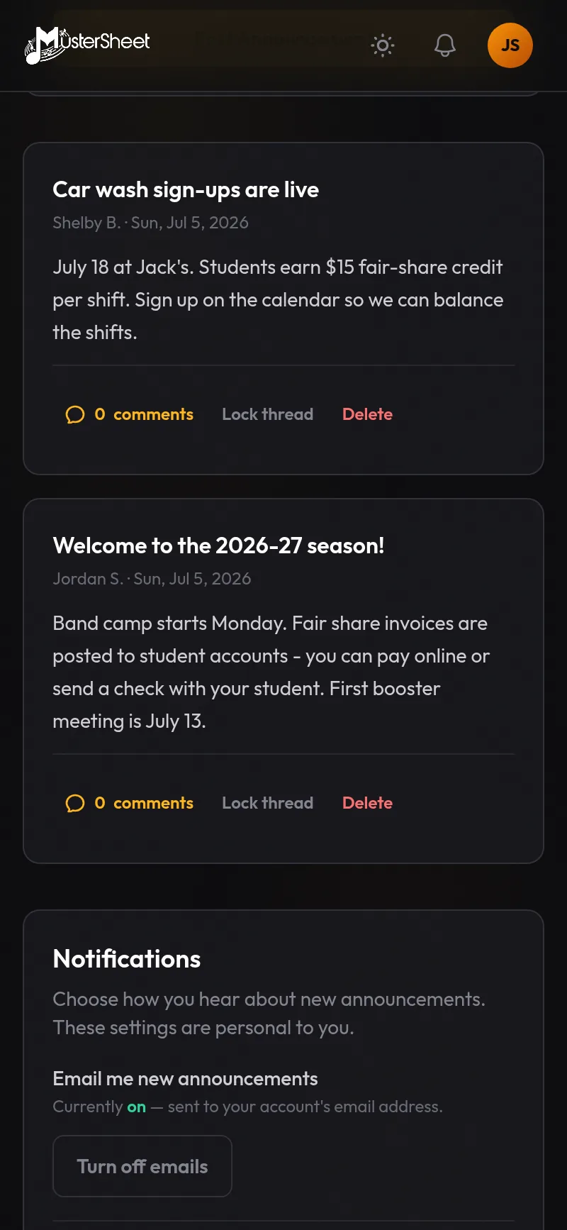 MusterSheet demo parent portal with announcements, comments, and notification settings.